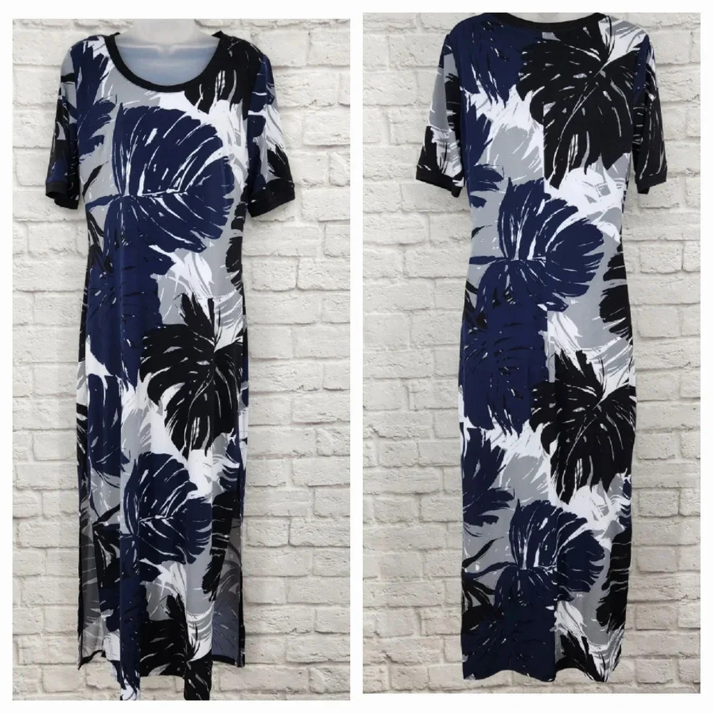 G.I.L.I. Palm Leaf Pattern Side Slit Short Sleeve Maxi Dress Size Small Casual